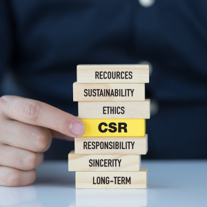 A hand touches a stack of building blocks, with one highlighted in yellow with the words "CSR" on it.