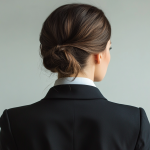 A woman in a professional suit, seen from behind, with her hair elegantly styled in a low bun.