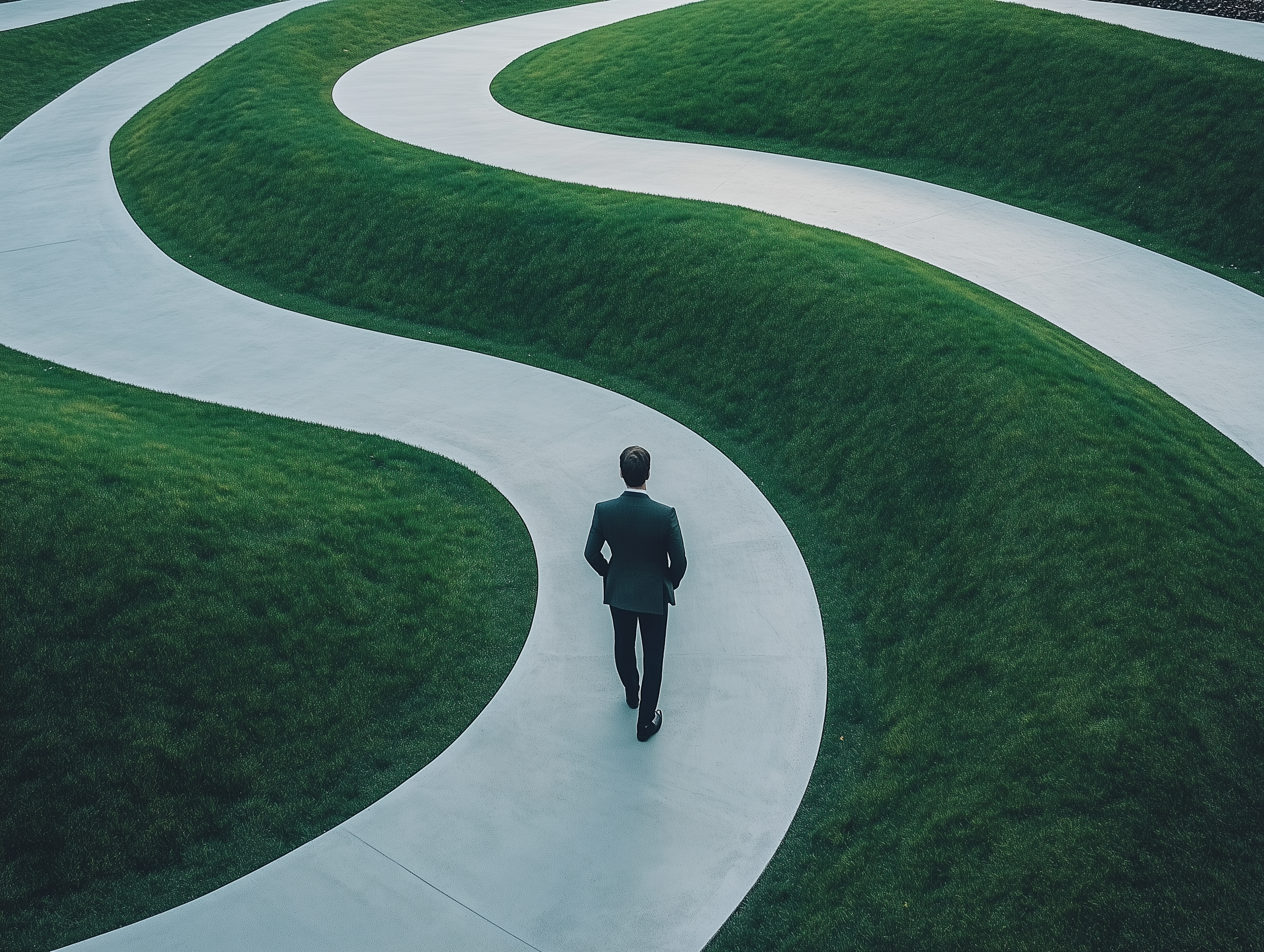 Man in a suit walking on a path along a grassy field.